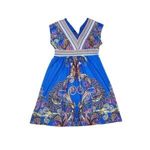 Kiara Blue Paisley Boho Skater Smocked Knee Length Dress L V-Neck Whimsygoth